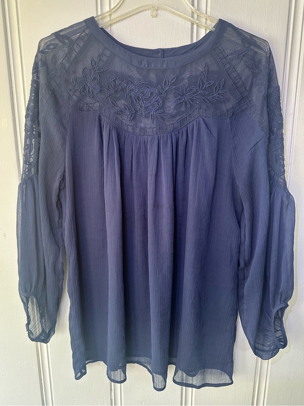 Whimsical Bell Sleeve Navy Embroidered Maternity Blouse size M